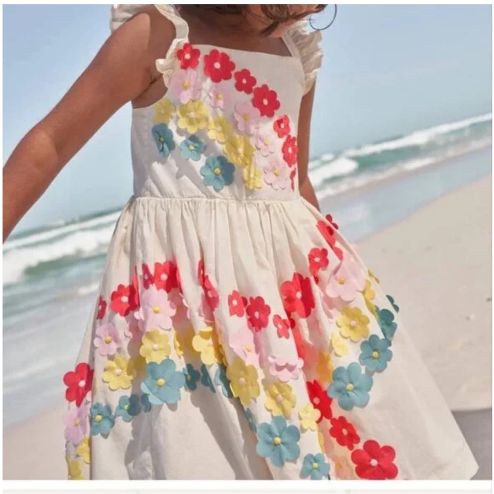 Mini Boden Rainbow Flower Applique Dress with Flutter Cap Sleeves, Sz 5-6